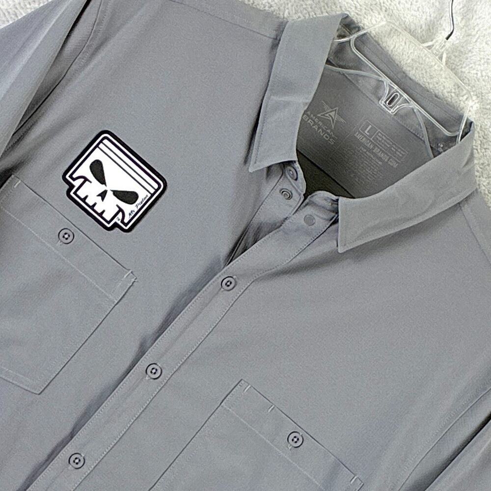 American Biker Mechanic Shirt Mens L Gray Mr Piston Skull Ripstop Performance